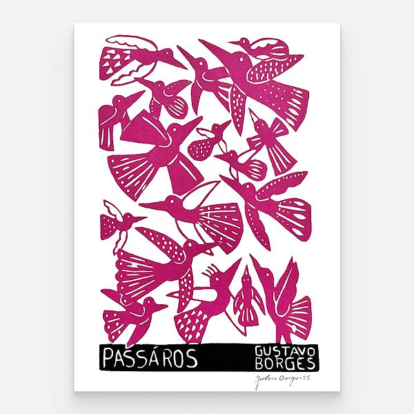 Xilogravura Pássaros Rosa P - Gustavo Borges - PE