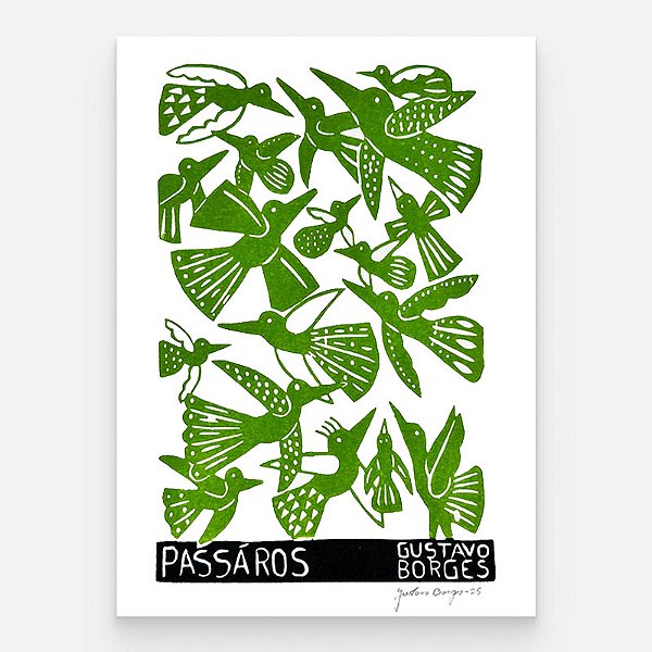Xilogravura Pássaros Verdes P - Gustavo Borges - PE