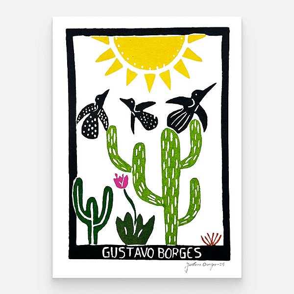 Xilogravura Cactos e Pássaros P - Gustavo Borges - PE
