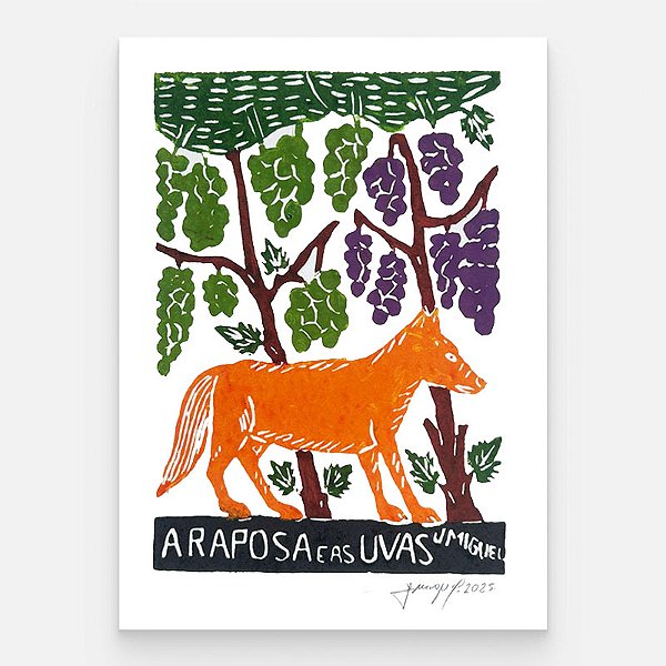Xilogravura "Raposa e as Uvas" P - J. Miguel - PE