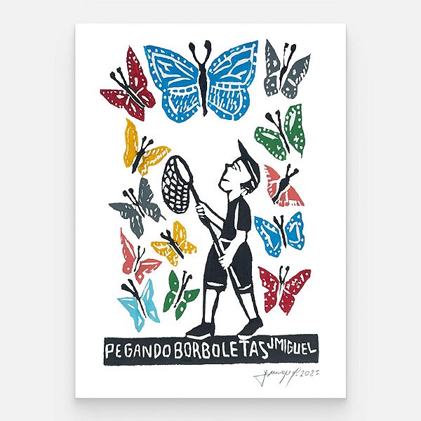Xilogravura "Pegando Borboletas" P - J. Miguel - PE