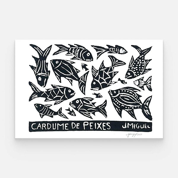 Xilogravura "Cardume de Peixes" P - J. Miguel - PE