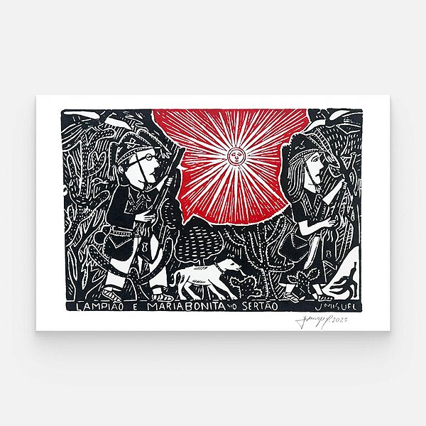 Xilogravura "Lampião e Maria Bonita no Sertão" G - J. Miguel - PE