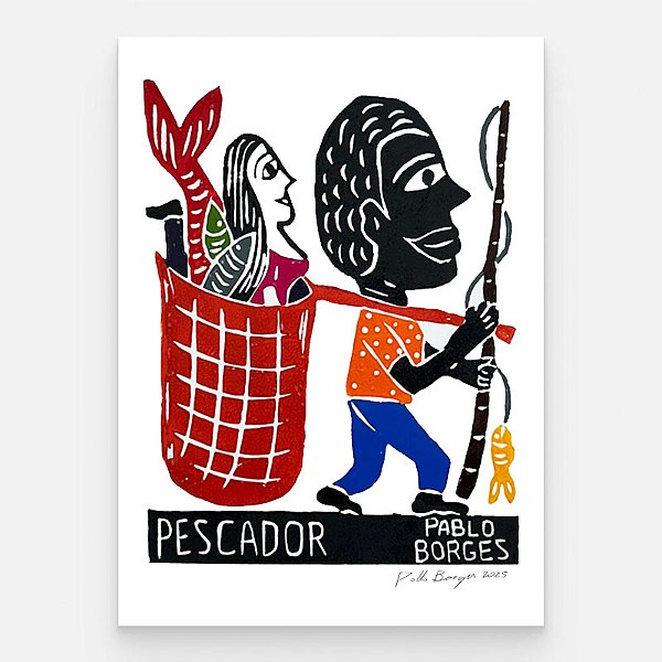 Xilogravura "Pescador" P - Pablo Borges - PE