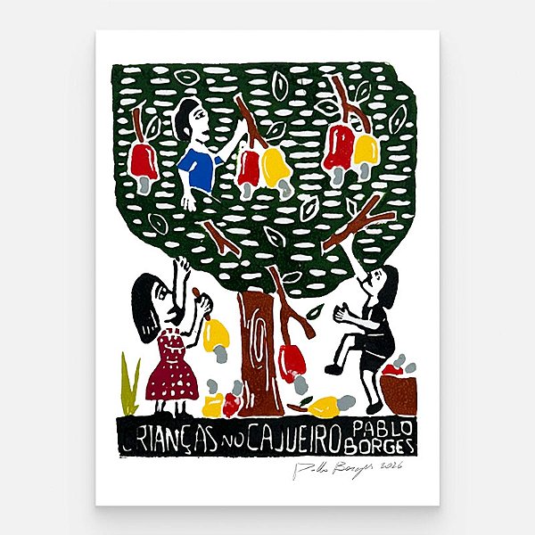 Xilogravura "Crianças no Cajueiro" P - Pablo Borges - PE