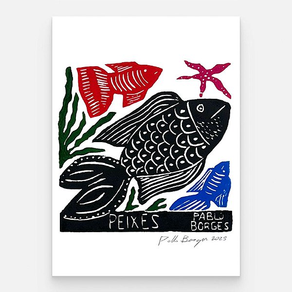 Xilogravura "Peixes" P - Pablo Borges - PE