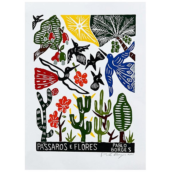 Xilogravura ''Pássaros e Flores" M - Pablo Borges - PE