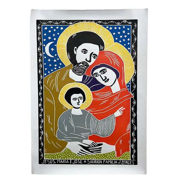 Xilogravura Jesus, Maria e José A Sagrada Família - assinada por J. Borges - PE (no estado)