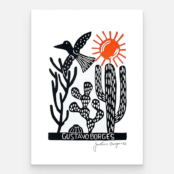 Xilogravura Cactos, Pássaros e Sol P (PB) - Gustavo Borges - PE