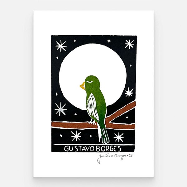 Xilogravura Passarinho Verde P - Gustavo Borges - PE
