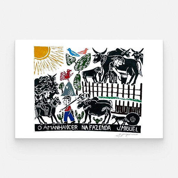 Xilogravura "O Amanhecer na Fazenda" M - J. Miguel - PE