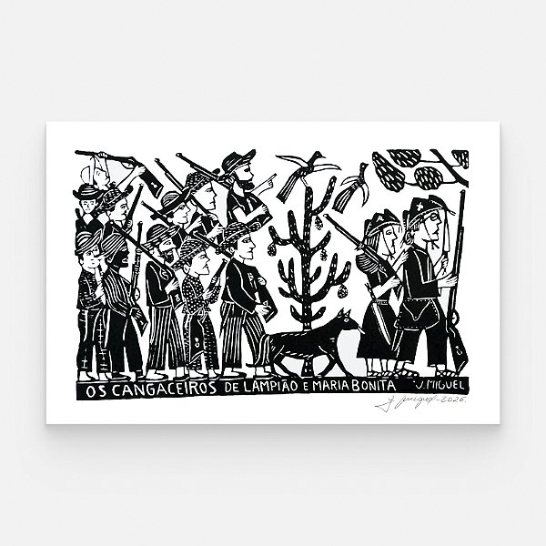 Xilogravura "Os Cangaceiros de Lampião e Maria Bonita" G - J. Miguel - PE