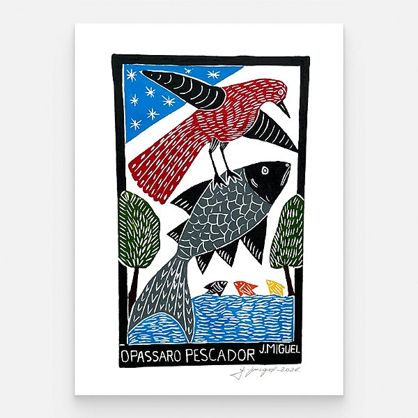 Xilogravura "O Pássaro Pescador" G - J. Miguel - PE