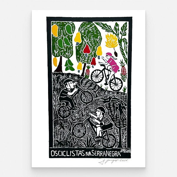 Xilogravura "Os Ciclistas na Serra Negra" G - J. Miguel - PE