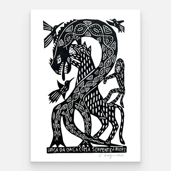 Xilogravura Briga da Onça com a Serpente G - assinada por J. Borges - PE (Garimpo Especial)