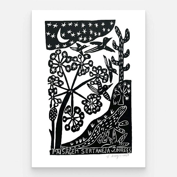 Xilogravura Paisagem Sertaneja G - assinada por J. Borges - PE (Garimpo Especial)