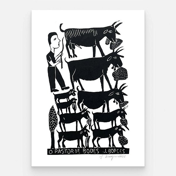 Xilogravura O Pastor de Bodes G - assinada por J. Borges - PE (Garimpo Especial)