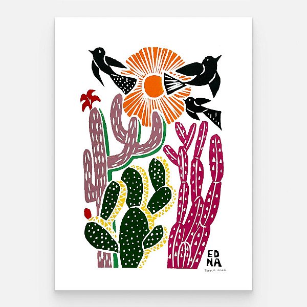 Xilogravura "Cactos Coloridos" M - Edna - PE