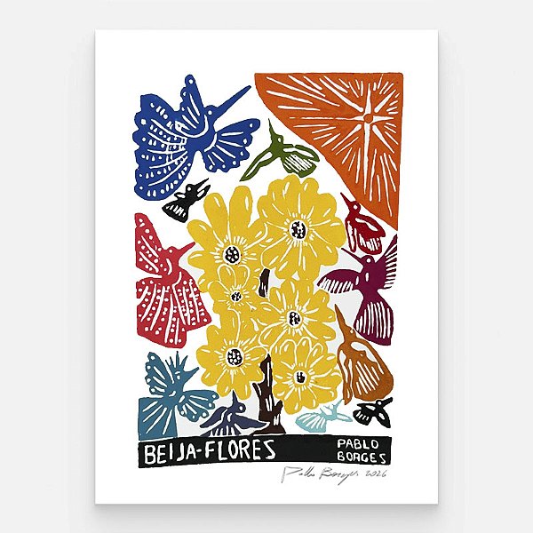 Xilogravura "Beija Flores 1" M 2026 - Pablo Borges - PE