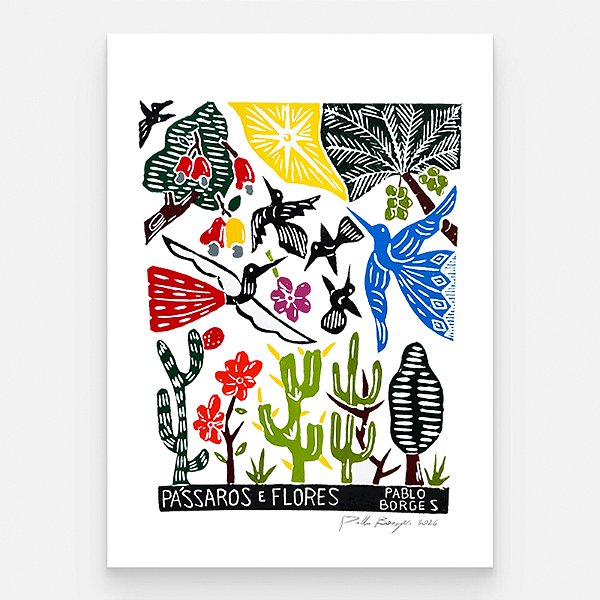 Xilogravura "Pássaros e Flores" M 2026 - Pablo Borges - PE