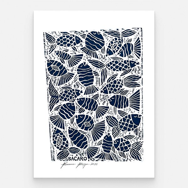 Xilogravura "Peixes Azul" M 2026 - Bacaro Borges - PE