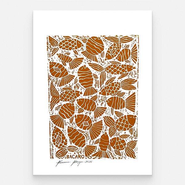 Xilogravura "Peixes Laranja" M 2026 - Bacaro Borges - PE