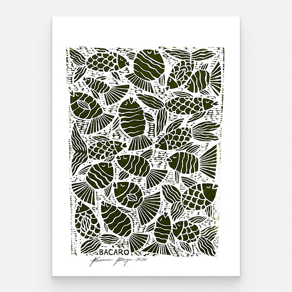 Xilogravura "Peixes Verde" M 2026 - Bacaro Borges - PE
