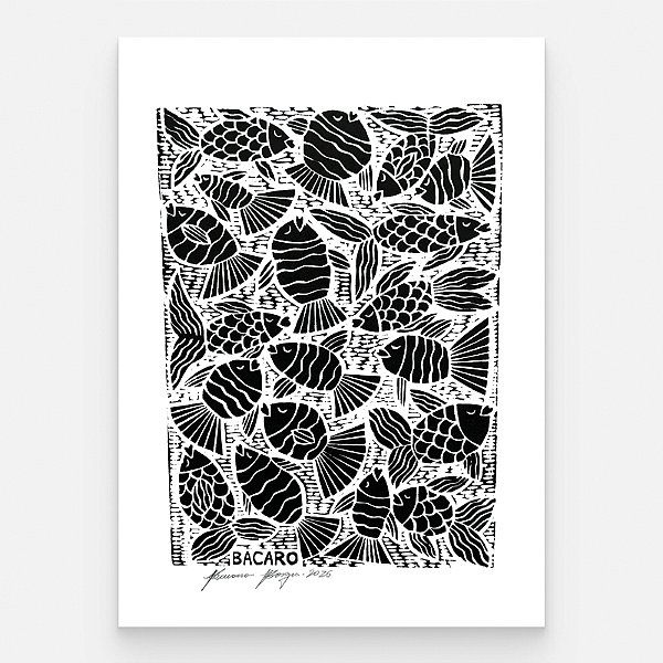 Xilogravura "Peixes Preto" M 2026 - Bacaro Borges - PE