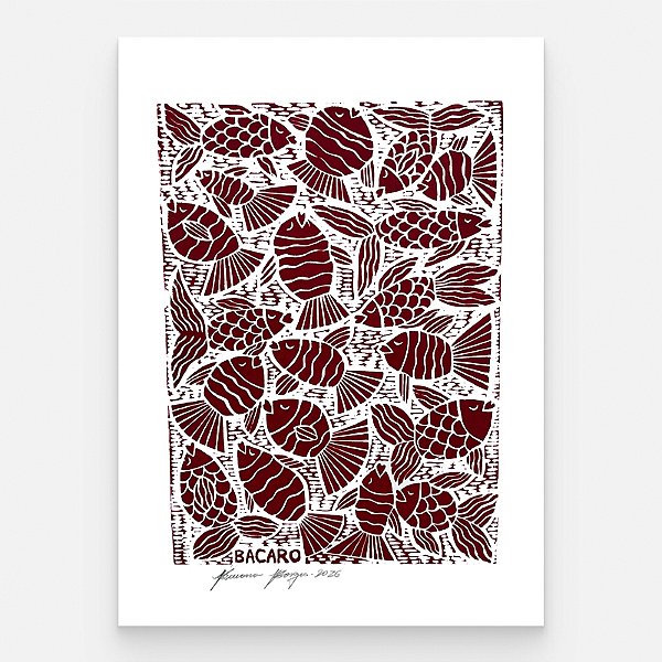 Xilogravura "Peixes Vinho" M 2026 - Bacaro Borges - PE