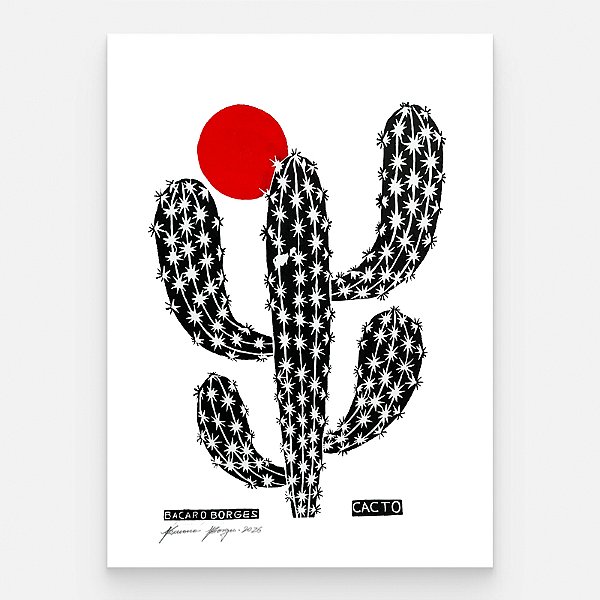 Xilogravura "Cacto Preto e Sol Laranja" G 2026 - Bacaro Borges - PE