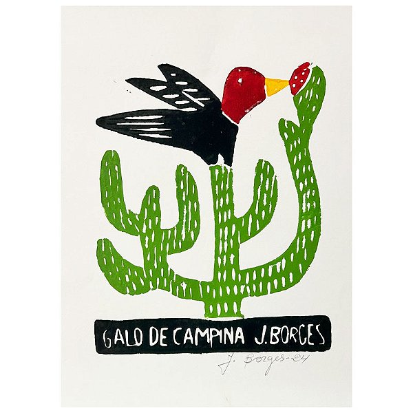 Xilogravura "Galo de Campina" P - assinada por J. Borges - PE