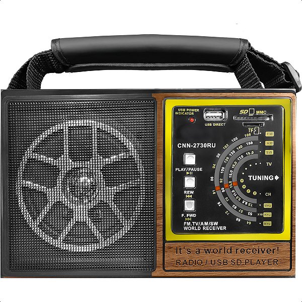 Rádio Retrô Recarregável Bivolt com Entrada Auxiliar, Alça e Cabo de Força - 4 Ohms