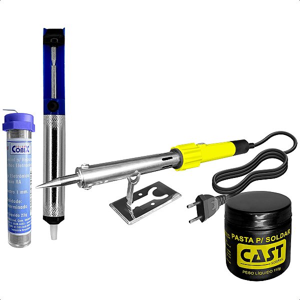 Kit Ferro de Solda 100w 127v + Fio Estanho + Pasta + Sugador