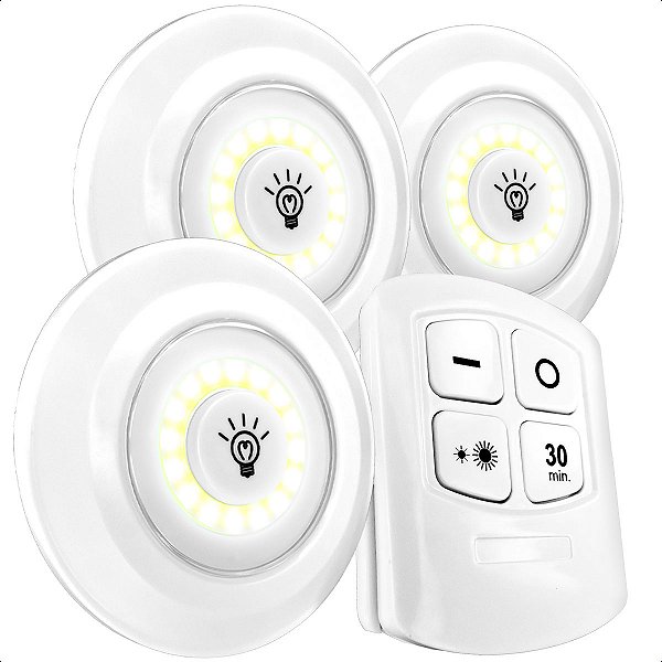 3 Luminária Lâmpada Spot Led Sem Fio E Controle Remoto Timer
