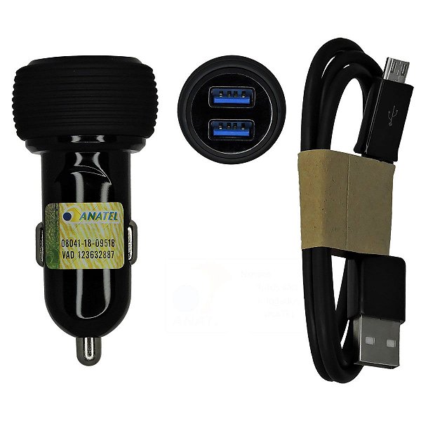 Carregador Veicular 12W 2 Entrada Usb E Cabo Para V8 Recarga