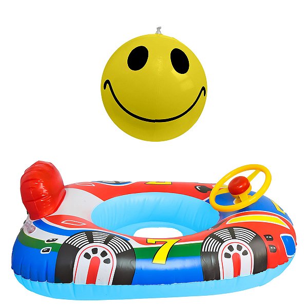 Kit Boia Infantil De Carro Para Piscina E Bola Smile Inflável