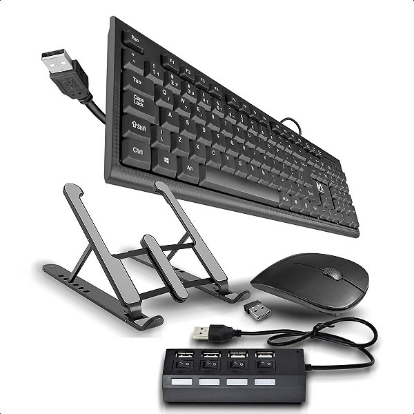 Kit Mouse E Teclado Com Hub Usb E Base Articulável Notebook