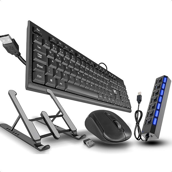 Kit Teclado E Mouse Com Hub Usb E Suporte Para Notebook