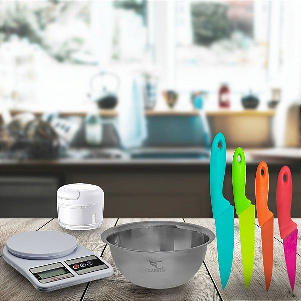 Kit Cozinha 4 Em 1 Com Balança Processador Facas E Tigela