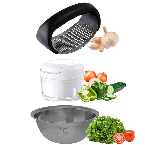 Kit Cozinha Processador E Amassador De Alho E Tigela Inox