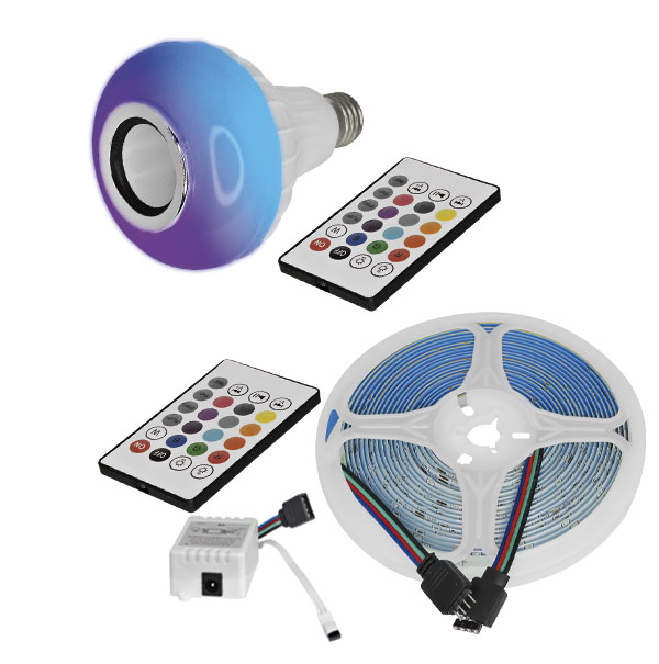 Kit Iluminação Fita LED RGB E Lâmpada Caixa Com Bluetooth