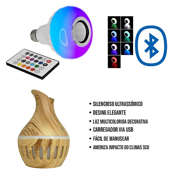 Kit Lazer Umidificador Aromatizador E Lâmpada RGB Bluetooth