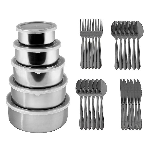 Kit Cozinha Completo Com Talheres E Potes Inox Com Tampas