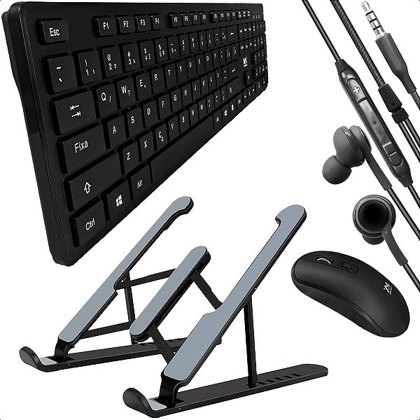 Teclado E Mouse Wireless Profissional Fone Com Fio Microfone E Suporte Dobrável Kit Computador