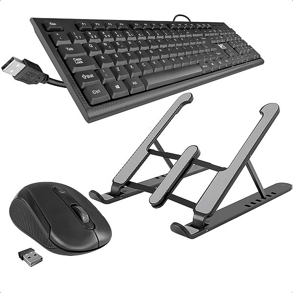 Kit Teclado e Mouse Com Fio USB Com Led + Base Suporte Portátil Notebook Tablet Dobrável