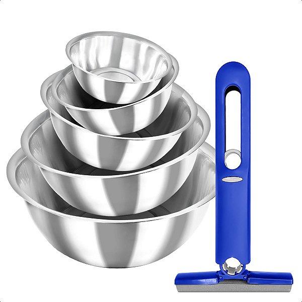 Kit 5 Tigelas Aço Inox Multiuso e Mini Mop Rodo Mágico