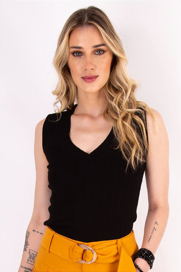 REGATA TRICOT BIA V CANELADA PRETO