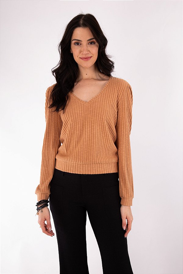 BLUSA MANGA LONGA LUIZA RIB CARAMELO