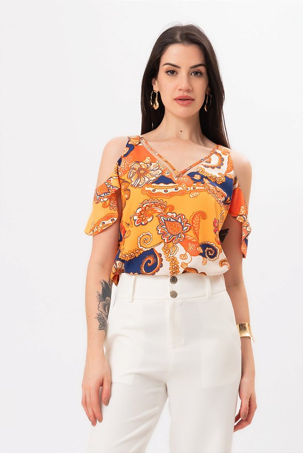 BLUSA BABADO DAFNE ESTAMPADO LARANJA
