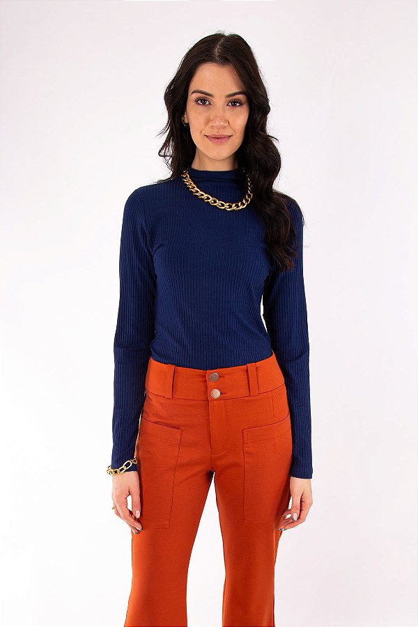 BLUSA CANELADA MEL MG LONGA - MARINHO